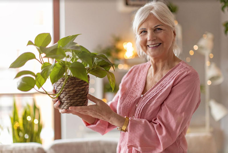 woman holding potted plant