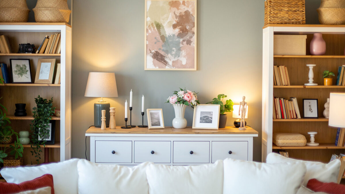 Stylish and cozy living room with bookshelves, a comfortable sofa, and tasteful decorations