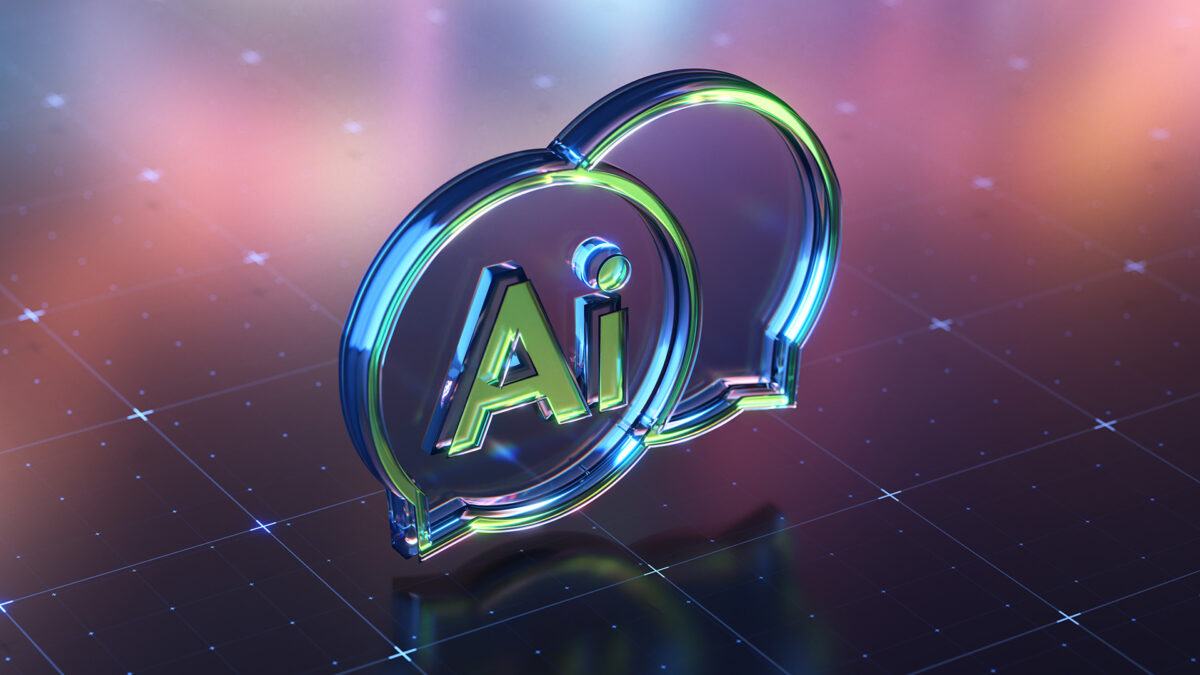 Glossy Speech Bubble 3D icon displaying with AI text.