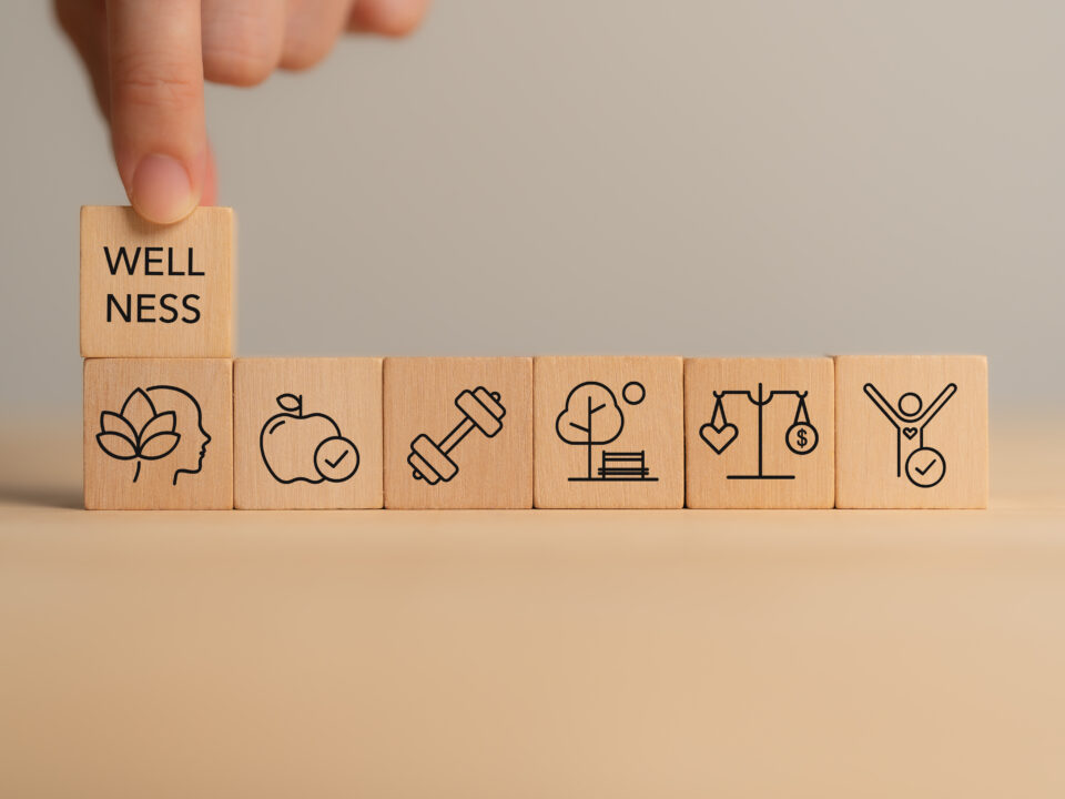 Wooden block with wellness icons, health care ,including mental well-being, fitness, nutrition, sleep, relationships and financial balance.